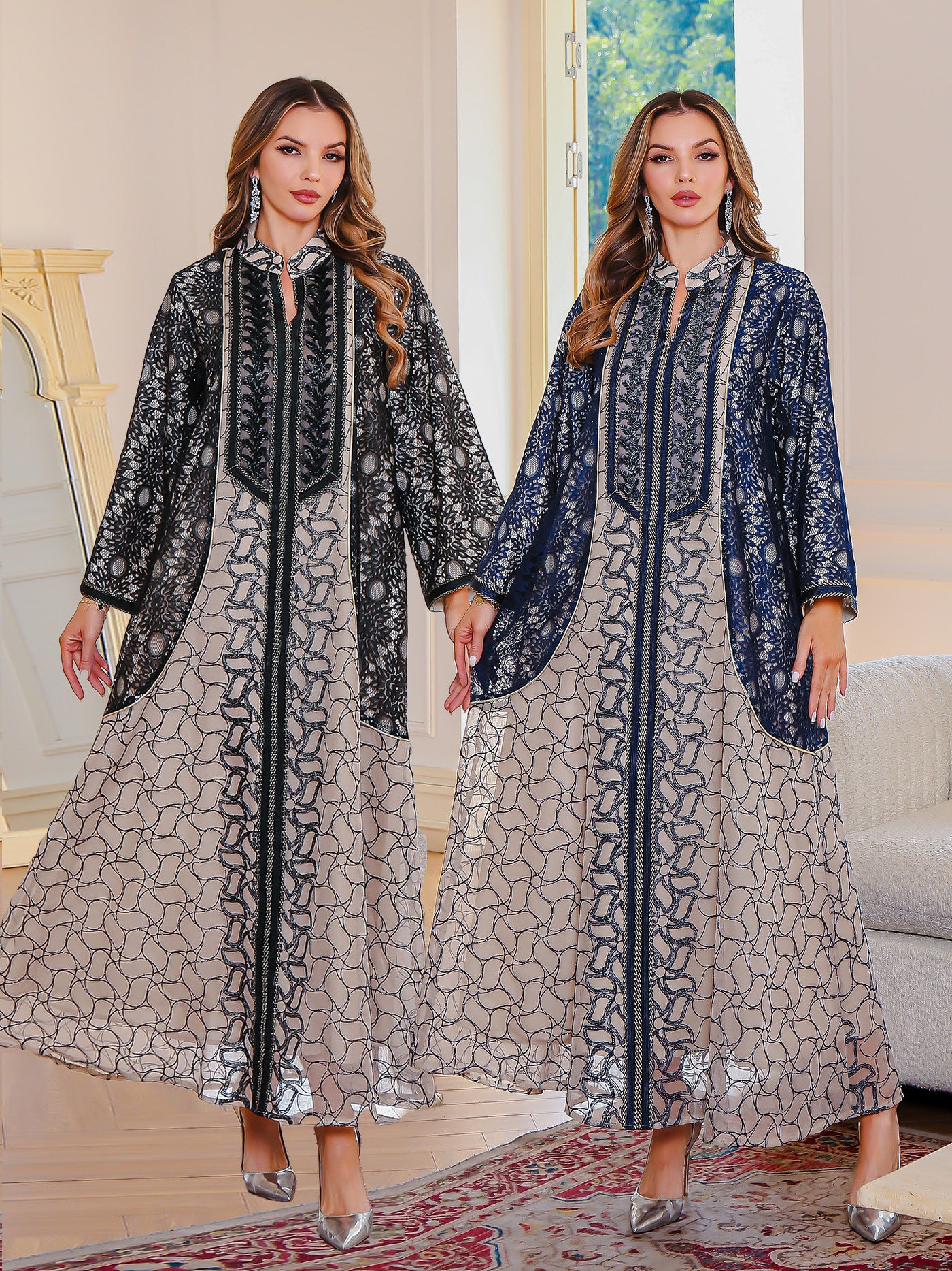 Heavy-duty mesh embroidery long robe abaya for Muslims