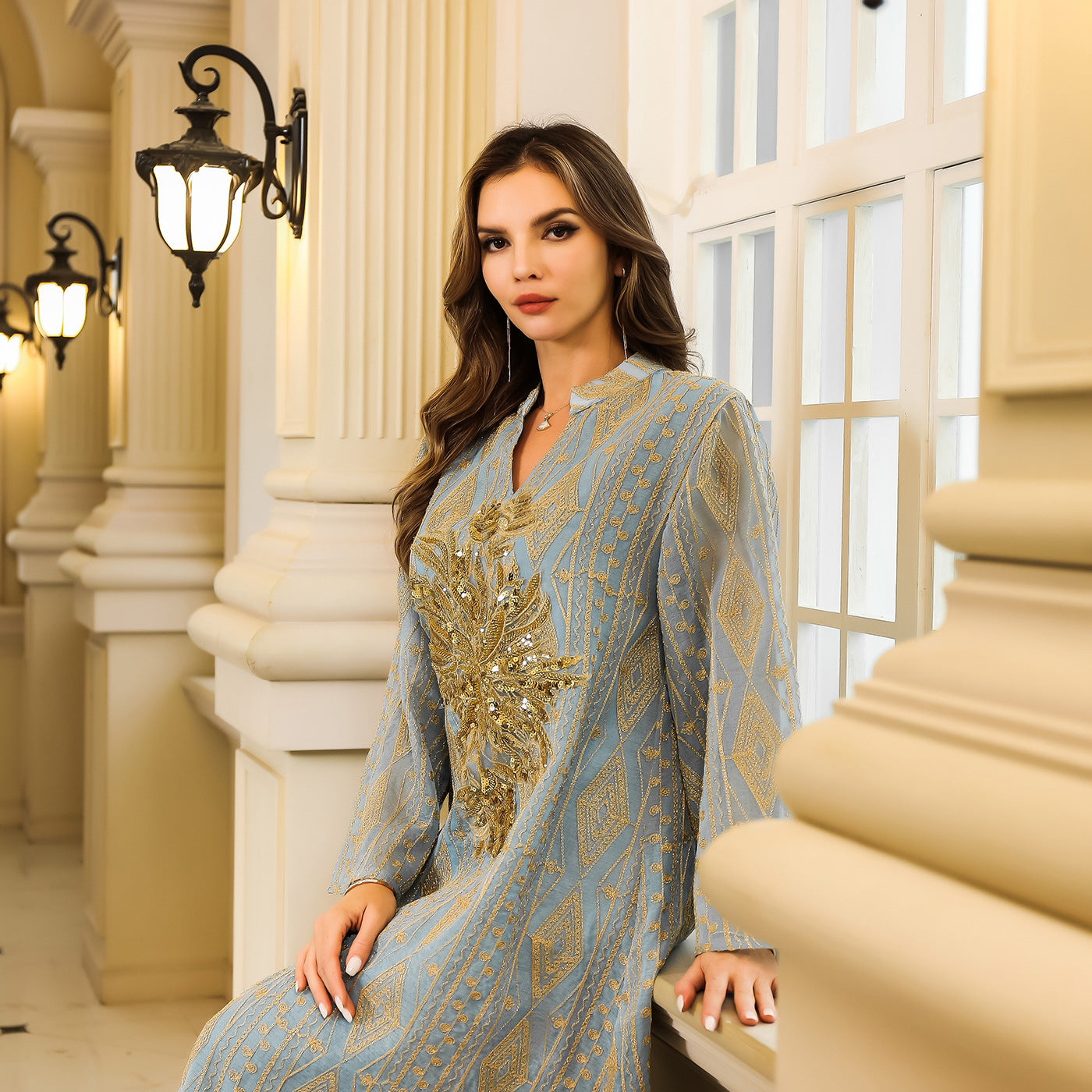 Elegant embroidered and beaded abaya for women