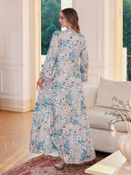 Ms. Apaya's fashionable floral-print long robe dress