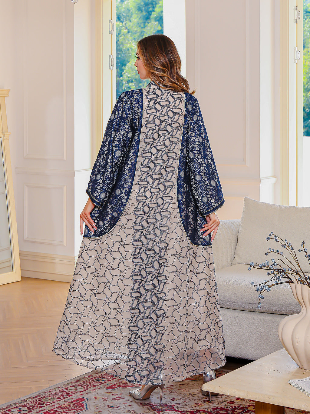 Heavy-duty mesh embroidery long robe abaya for Muslims