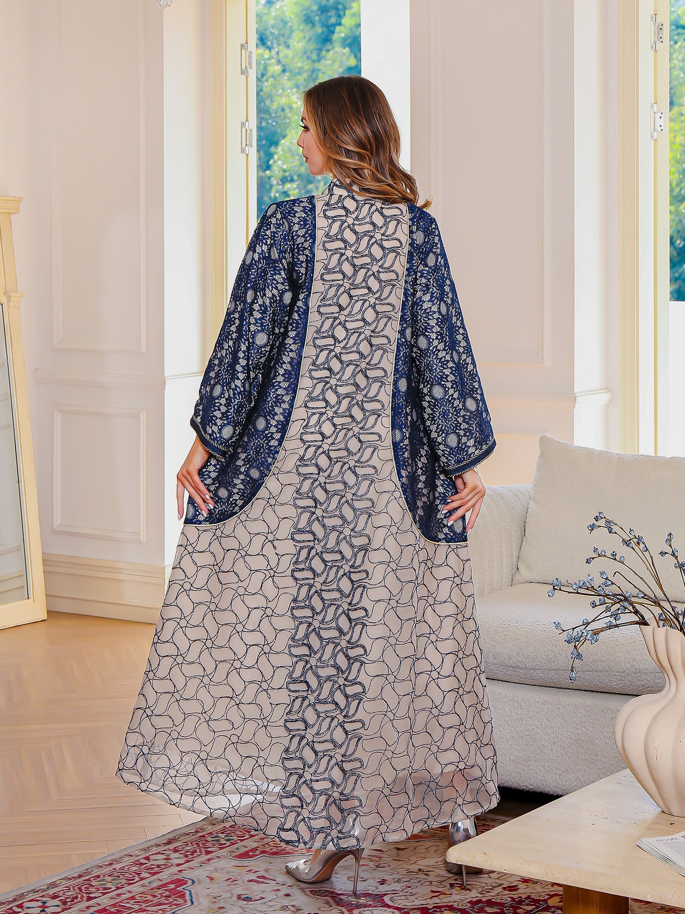 Heavy-duty mesh embroidery long robe abaya for Muslims