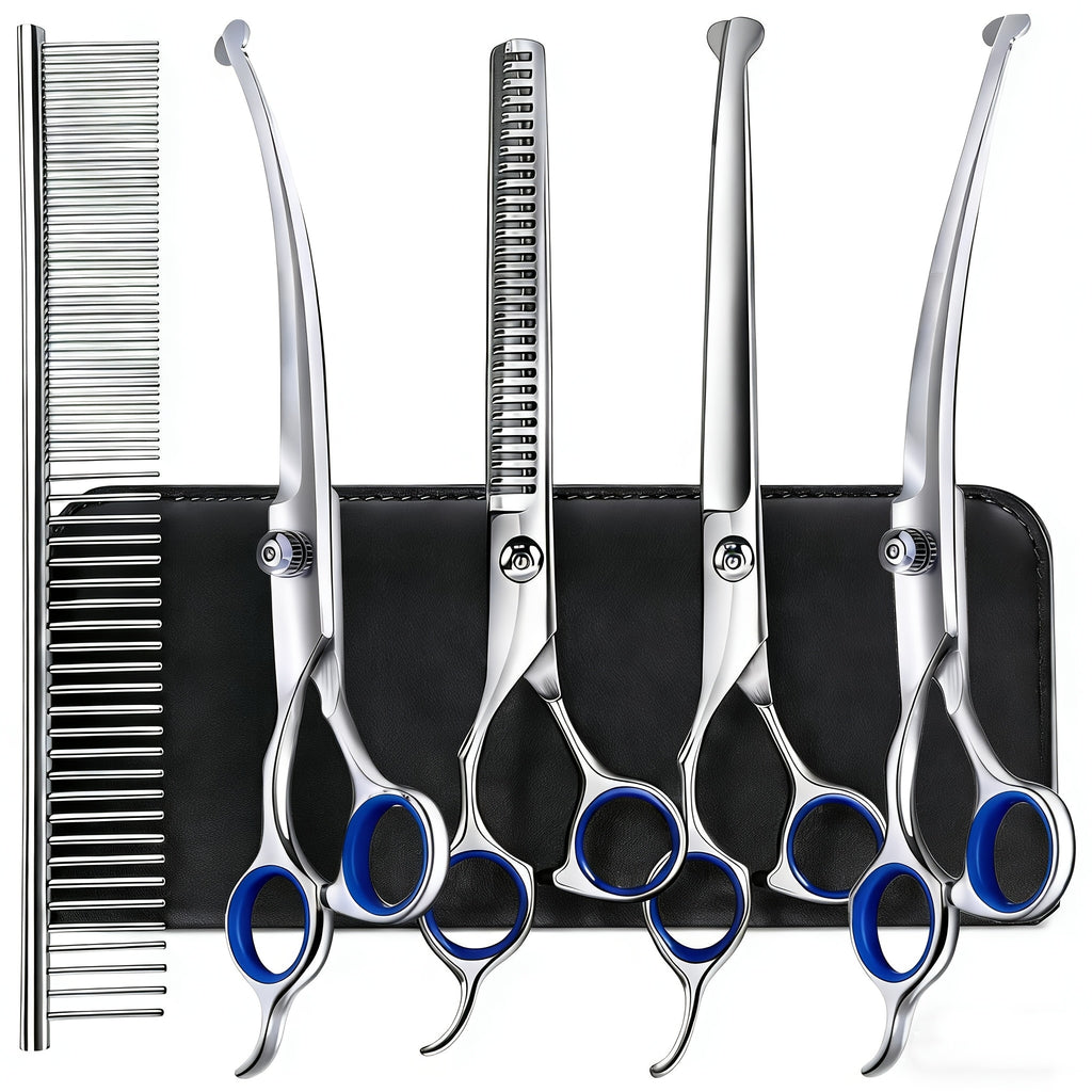7-in-1 Professional Stainless Steel Dog Grooming Scissors Kit with Safety Round Tips, Titanium Coated Heavy Duty Pet Grooming Set for Dogs & Cats - Includes Straight, Thinning, Curved Shears and Comb