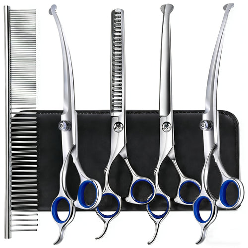 7-in-1 Professional Stainless Steel Dog Grooming Scissors Kit with Safety Round Tips, Titanium Coated Heavy Duty Pet Grooming Set for Dogs & Cats - Includes Straight, Thinning, Curved Shears and Comb