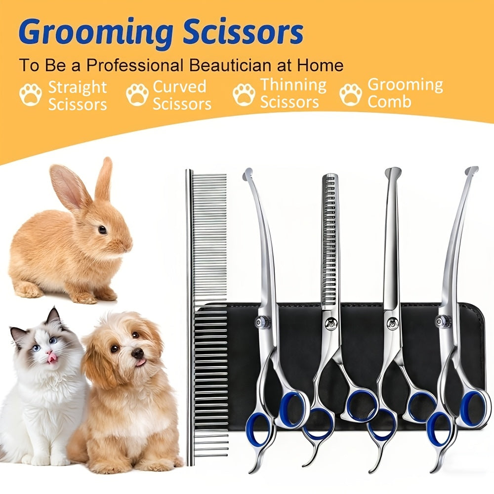 7-in-1 Professional Stainless Steel Dog Grooming Scissors Kit with Safety Round Tips, Titanium Coated Heavy Duty Pet Grooming Set for Dogs & Cats - Includes Straight, Thinning, Curved Shears and Comb