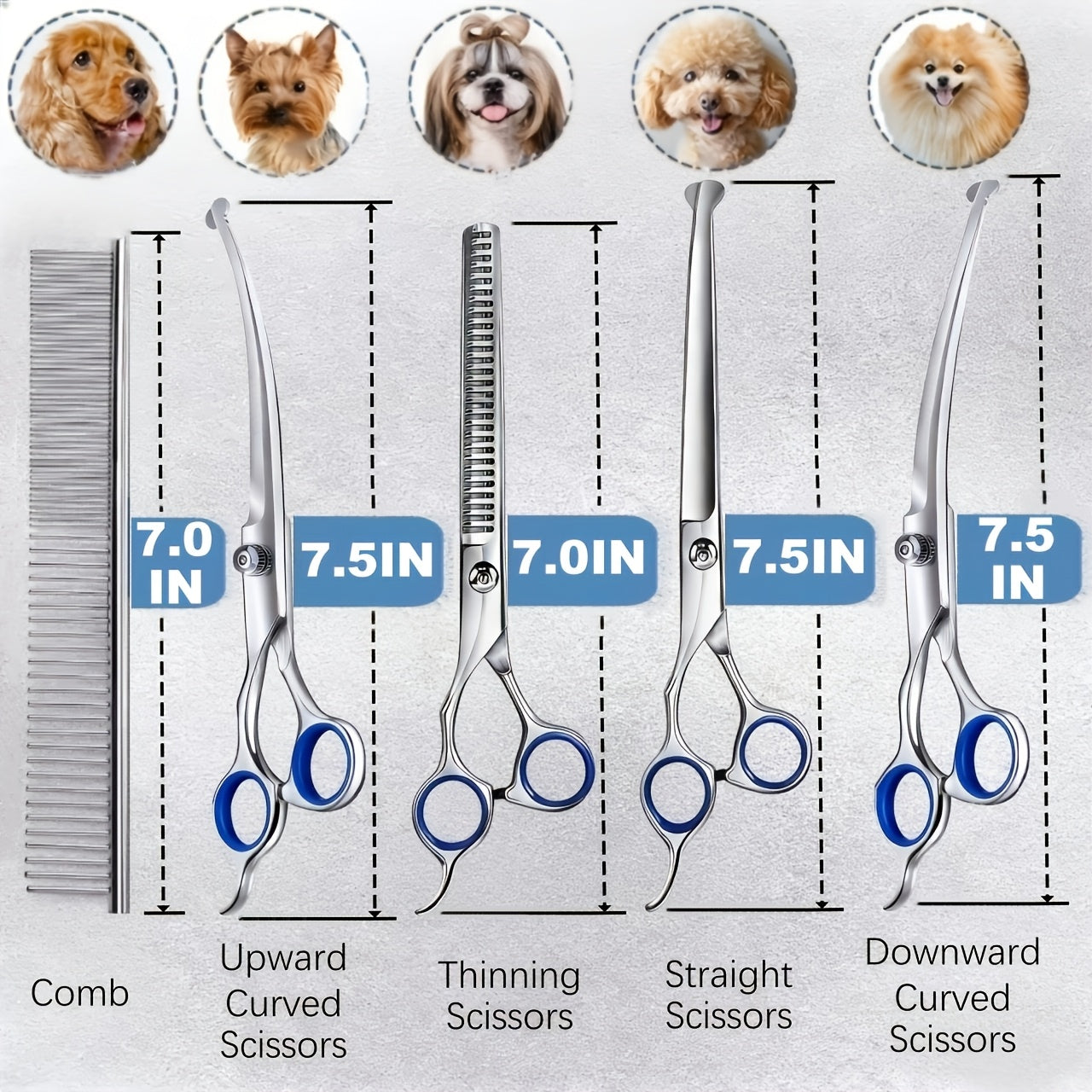 7-in-1 Professional Stainless Steel Dog Grooming Scissors Kit with Safety Round Tips, Titanium Coated Heavy Duty Pet Grooming Set for Dogs & Cats - Includes Straight, Thinning, Curved Shears and Comb