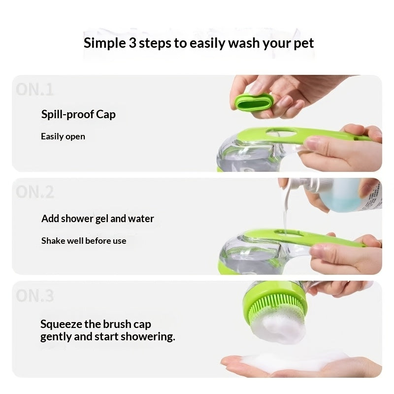 2-in-1 Pet Shampoo Dispenser & Bath Brush, Soft Silicone Bristle Scrubber for Deep Cleaning and Massage.