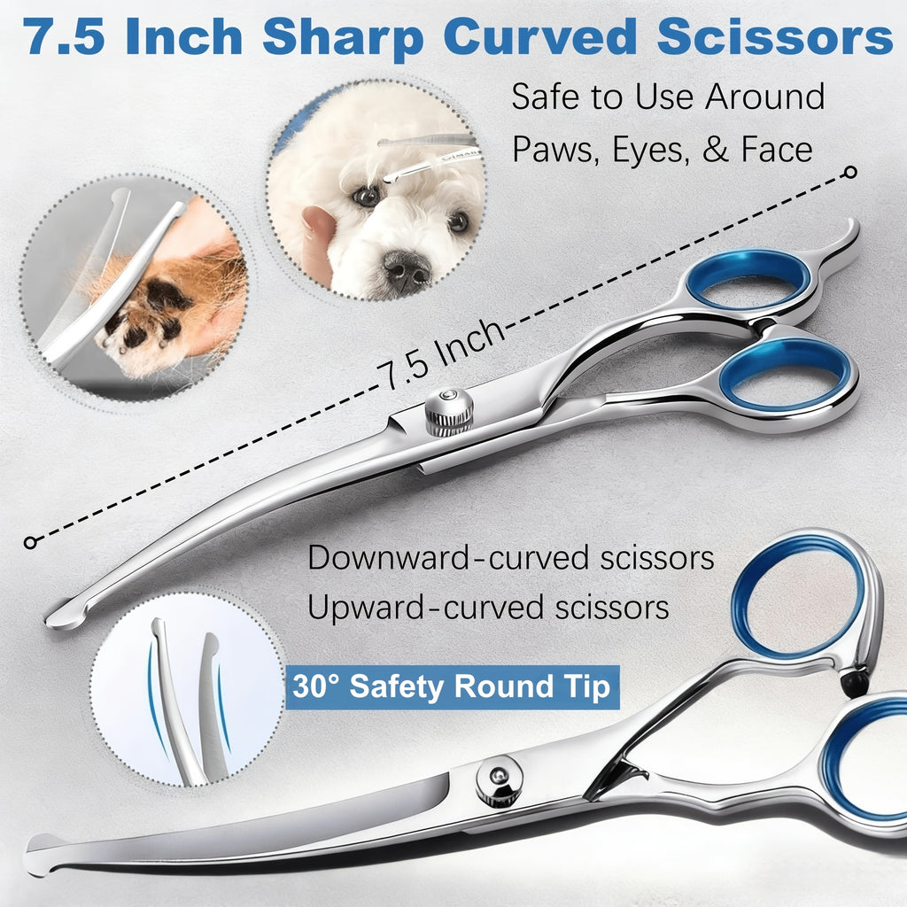 7-in-1 Professional Stainless Steel Dog Grooming Scissors Kit with Safety Round Tips, Titanium Coated Heavy Duty Pet Grooming Set for Dogs & Cats - Includes Straight, Thinning, Curved Shears and Comb