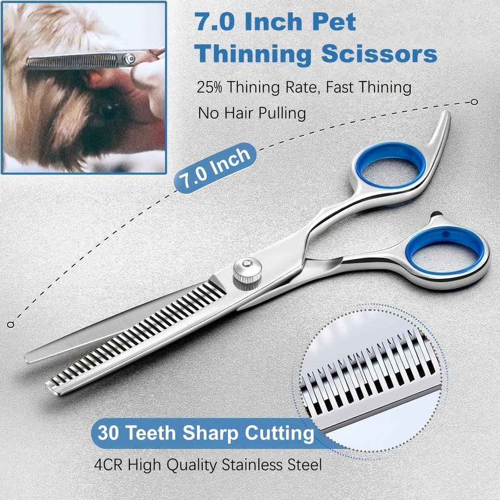 7-in-1 Professional Stainless Steel Dog Grooming Scissors Kit with Safety Round Tips, Titanium Coated Heavy Duty Pet Grooming Set for Dogs & Cats - Includes Straight, Thinning, Curved Shears and Comb