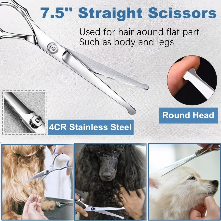 7-in-1 Professional Stainless Steel Dog Grooming Scissors Kit with Safety Round Tips, Titanium Coated Heavy Duty Pet Grooming Set for Dogs & Cats - Includes Straight, Thinning, Curved Shears and Comb