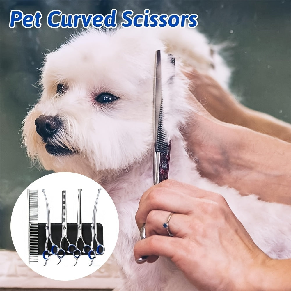 7-in-1 Professional Stainless Steel Dog Grooming Scissors Kit with Safety Round Tips, Titanium Coated Heavy Duty Pet Grooming Set for Dogs & Cats - Includes Straight, Thinning, Curved Shears and Comb