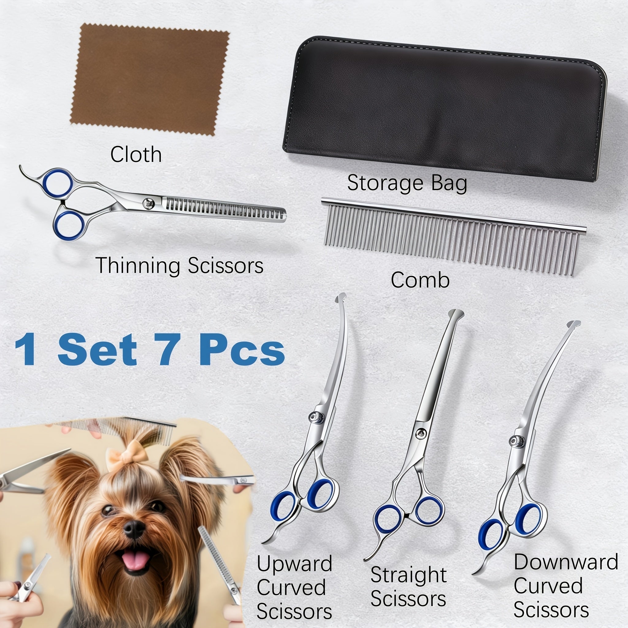 7-in-1 Professional Stainless Steel Dog Grooming Scissors Kit with Safety Round Tips, Titanium Coated Heavy Duty Pet Grooming Set for Dogs & Cats - Includes Straight, Thinning, Curved Shears and Comb