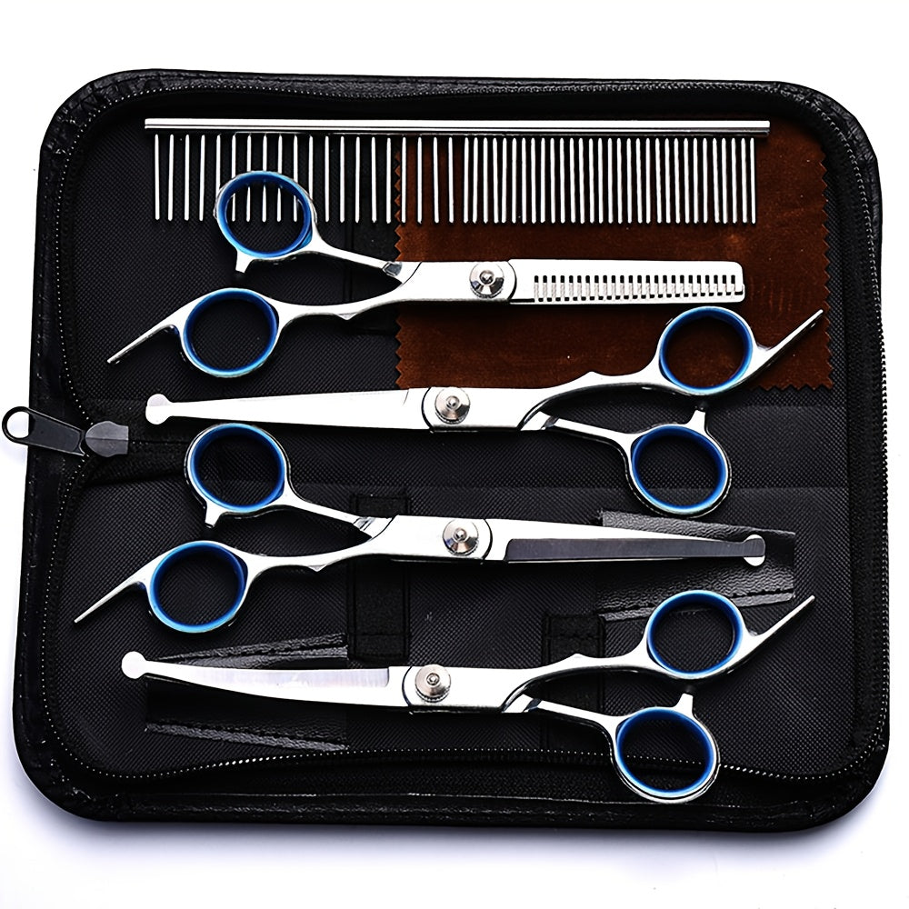 7-in-1 Professional Stainless Steel Dog Grooming Scissors Kit with Safety Round Tips, Titanium Coated Heavy Duty Pet Grooming Set for Dogs & Cats - Includes Straight, Thinning, Curved Shears and Comb