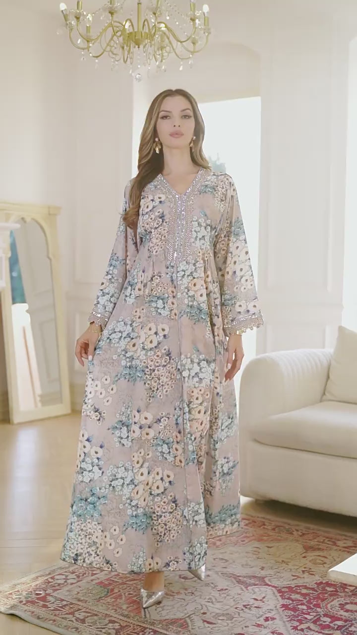 Ms. Apaya's fashionable floral-print long robe dress